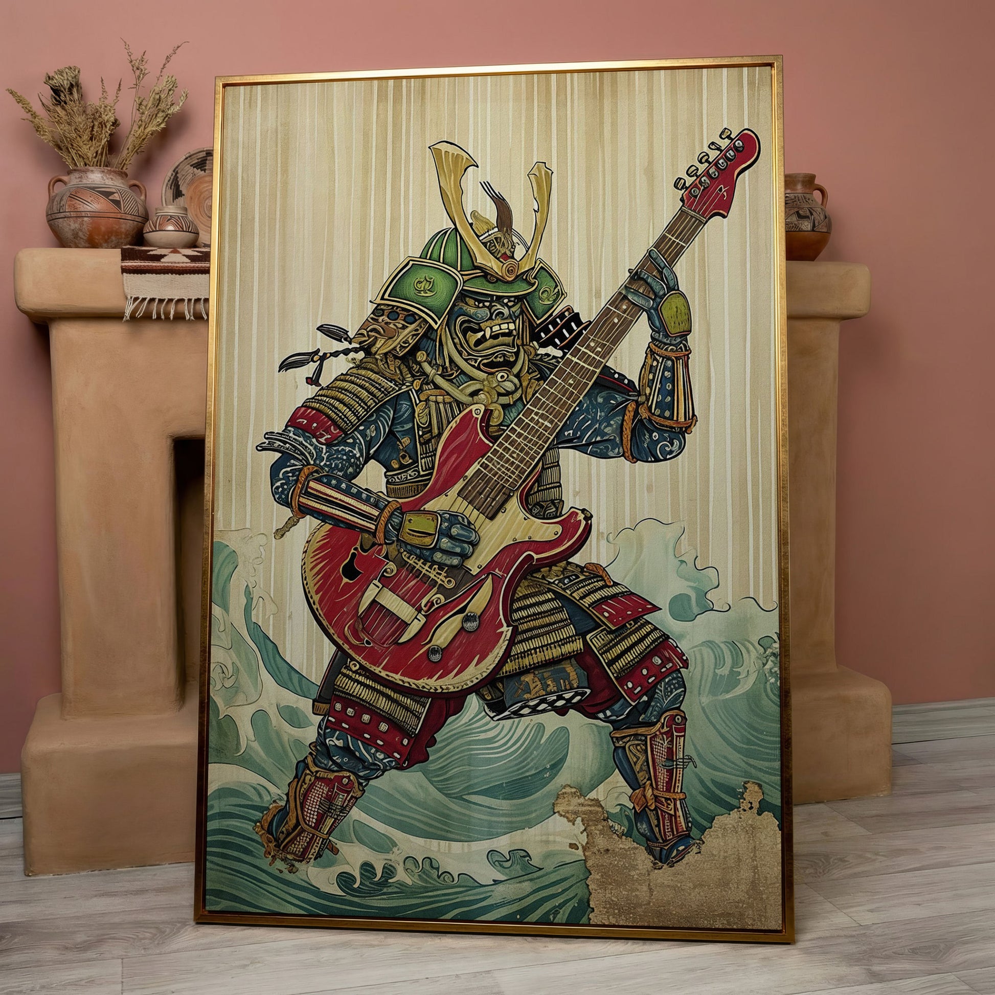 Samurai Musician Canvas Art with Electric Guitar in rose gold floating frame