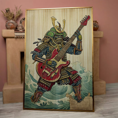 Samurai Musician Canvas Art with Electric Guitar in rose gold floating frame