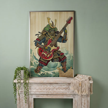 Samurai Musician Canvas Art with Electric Guitar in silver floating frame