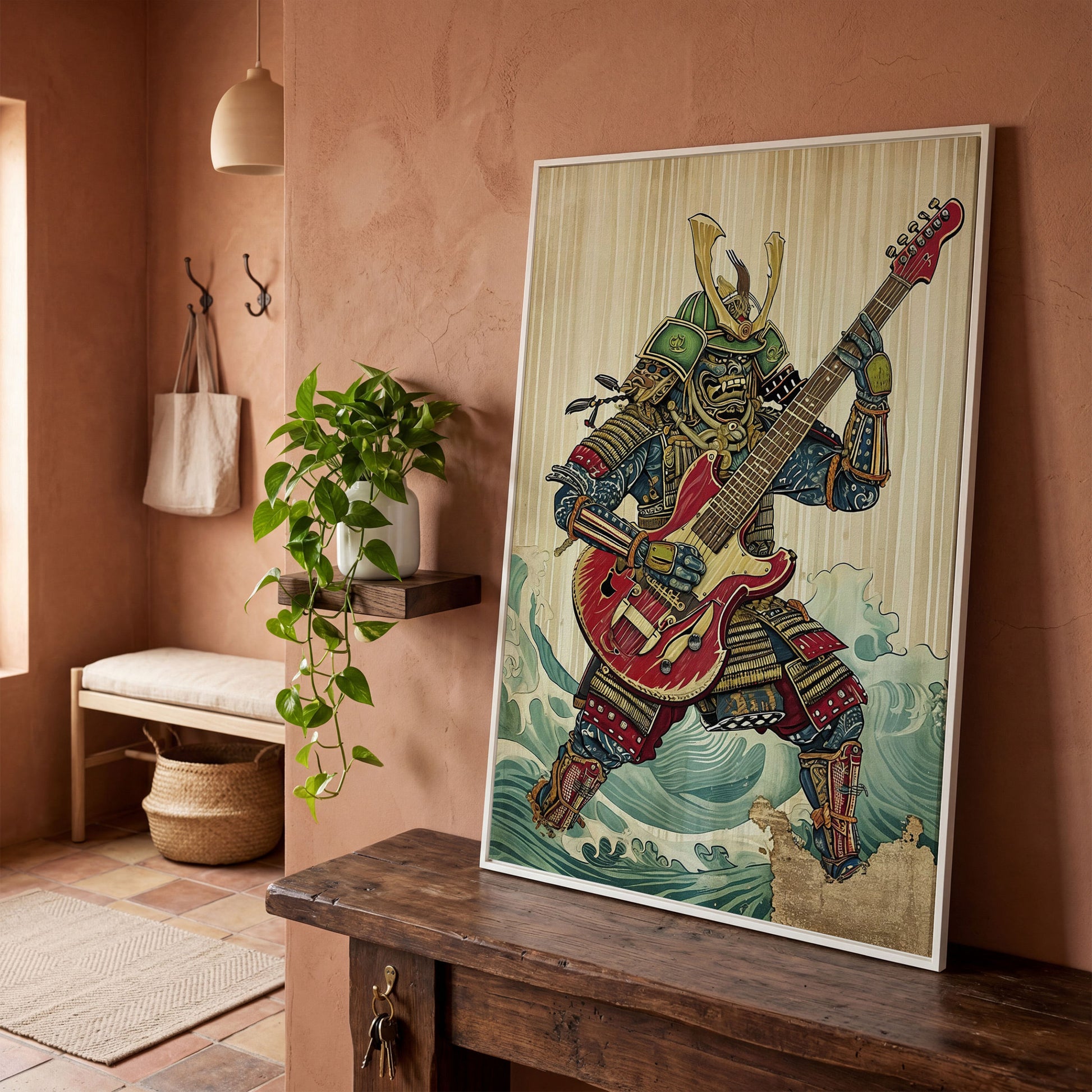 Samurai Musician Canvas Art with Electric Guitar in white floating frame