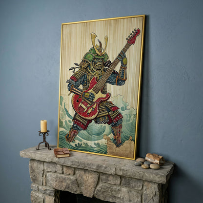 Samurai Musician Canvas Art with Electric Guitar in yellow gold floating frame