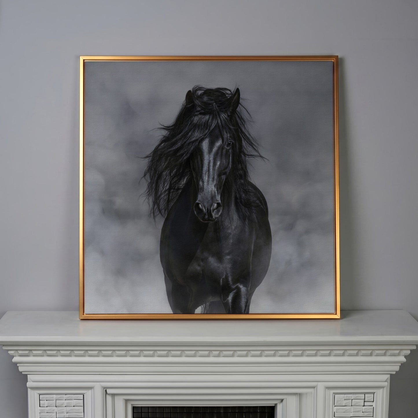 Noble Horse with Flowing Mane Canvas Print in antique gold floating frame