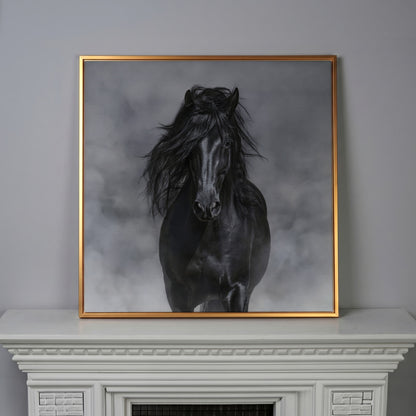 Noble Horse with Flowing Mane Canvas Print in antique gold floating frame