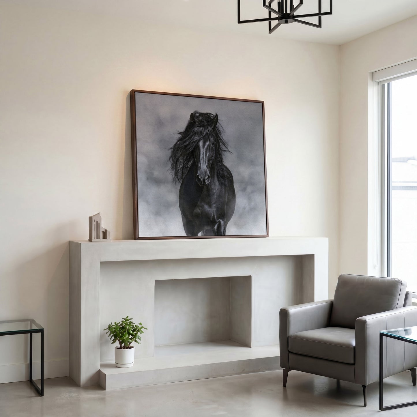 Noble Horse with Flowing Mane Canvas Print in dark walnut floating frame