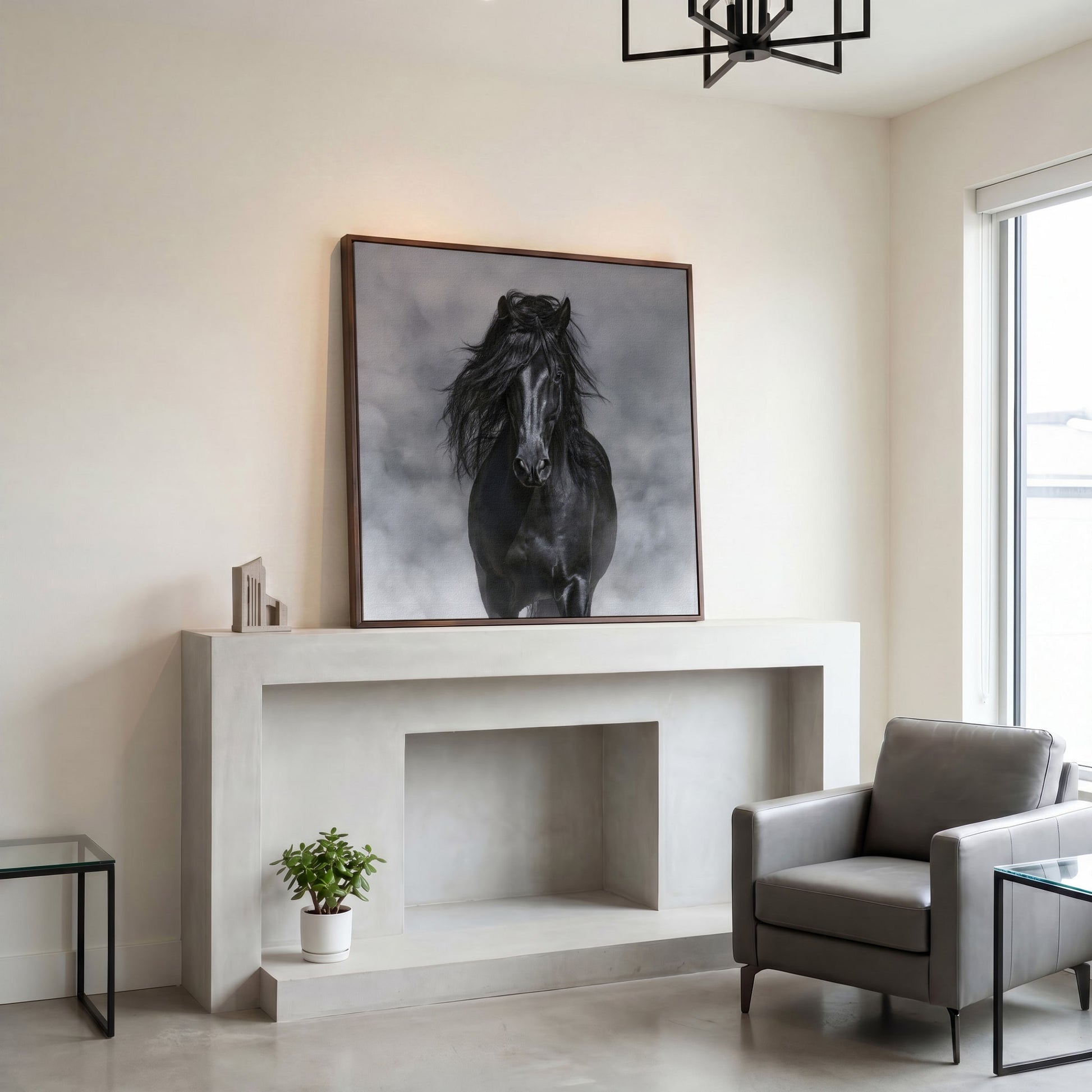 Noble Horse with Flowing Mane Canvas Print in dark walnut floating frame