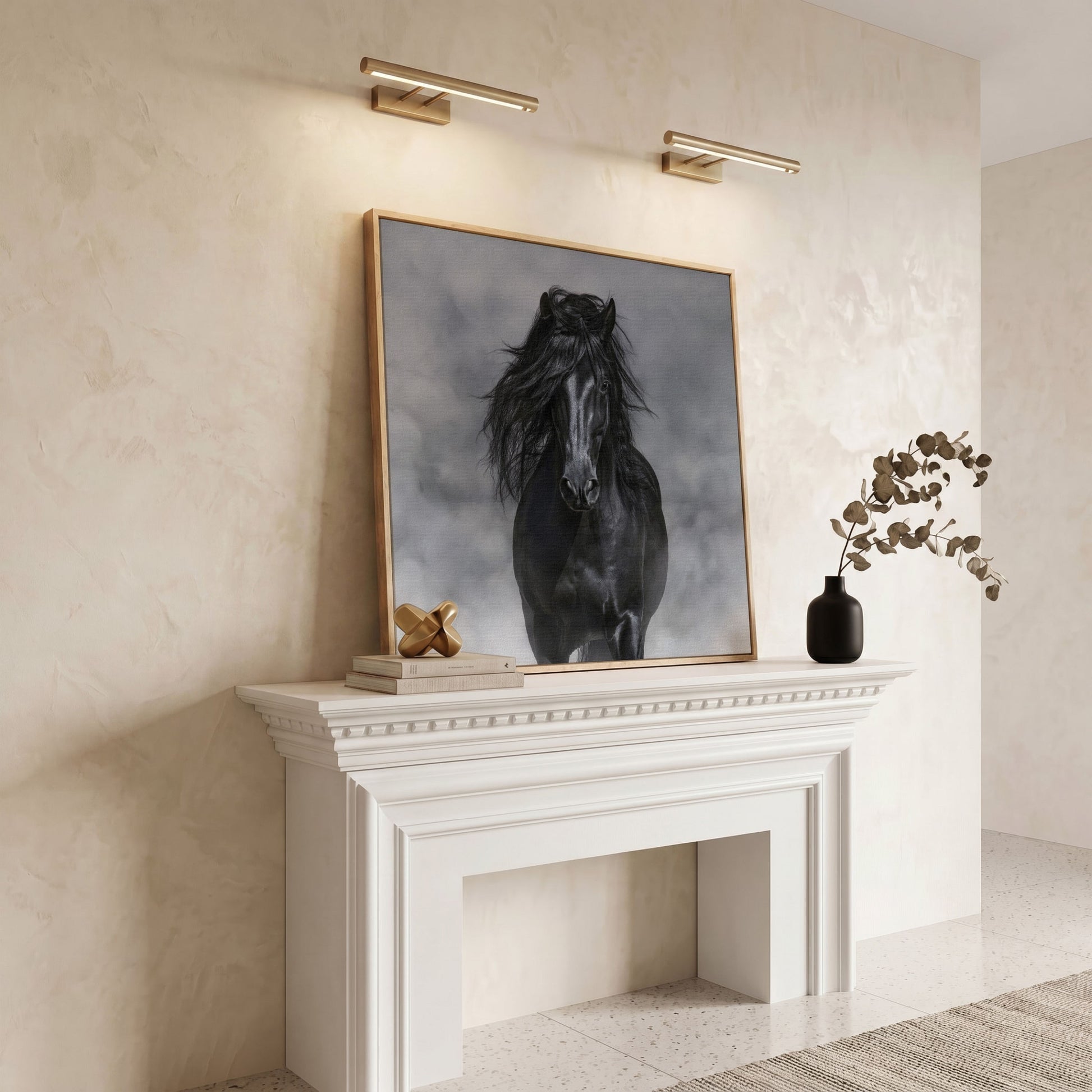 Noble Horse with Flowing Mane Canvas Print in white oak floating frame