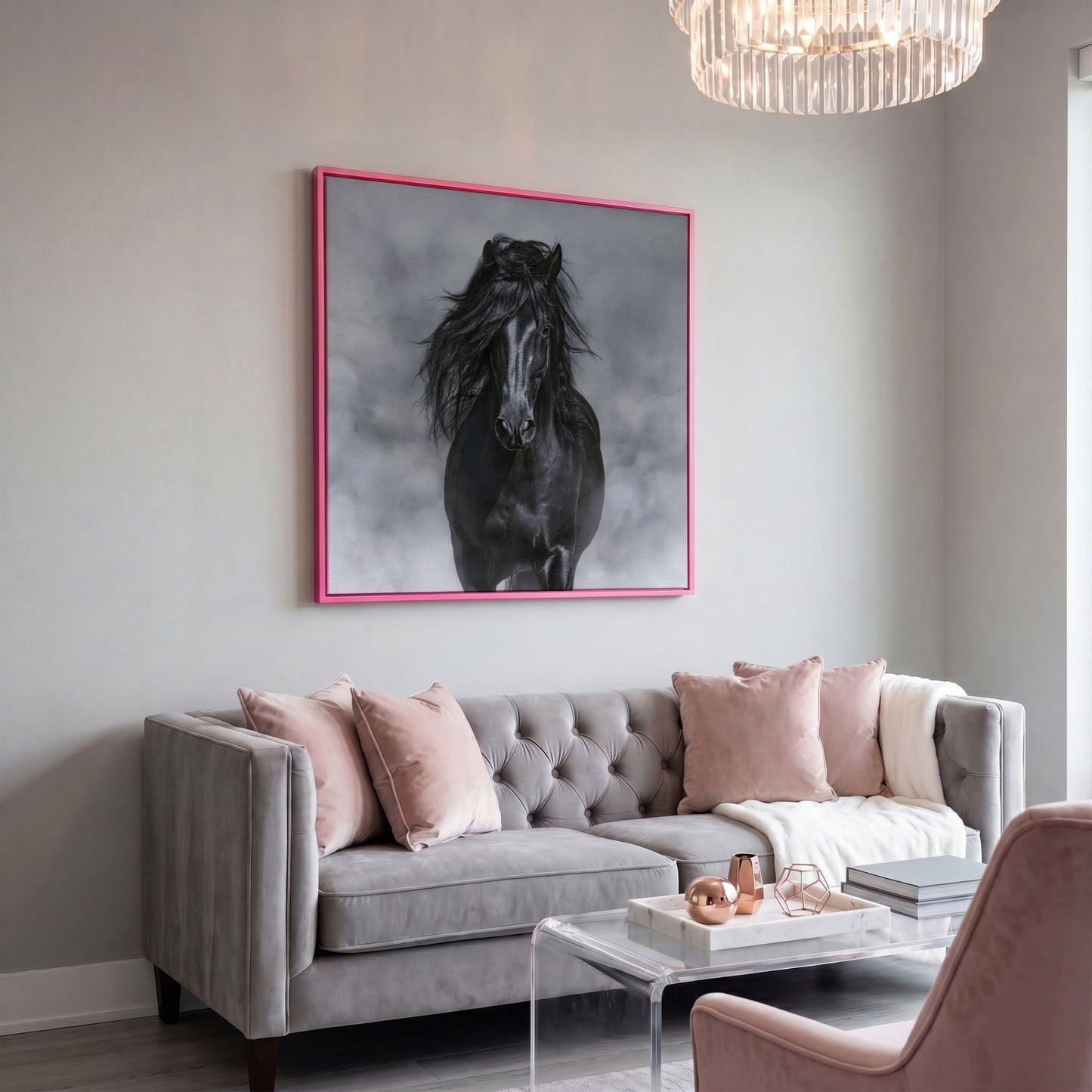 Noble Horse with Flowing Mane Canvas Print in pink floating frame