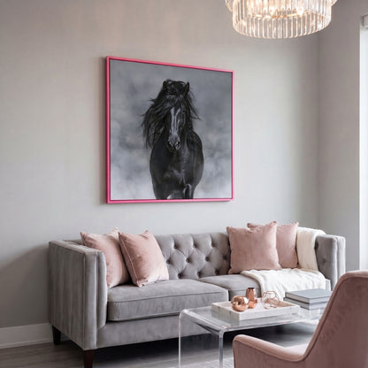 Noble Horse with Flowing Mane Canvas Print in pink floating frame