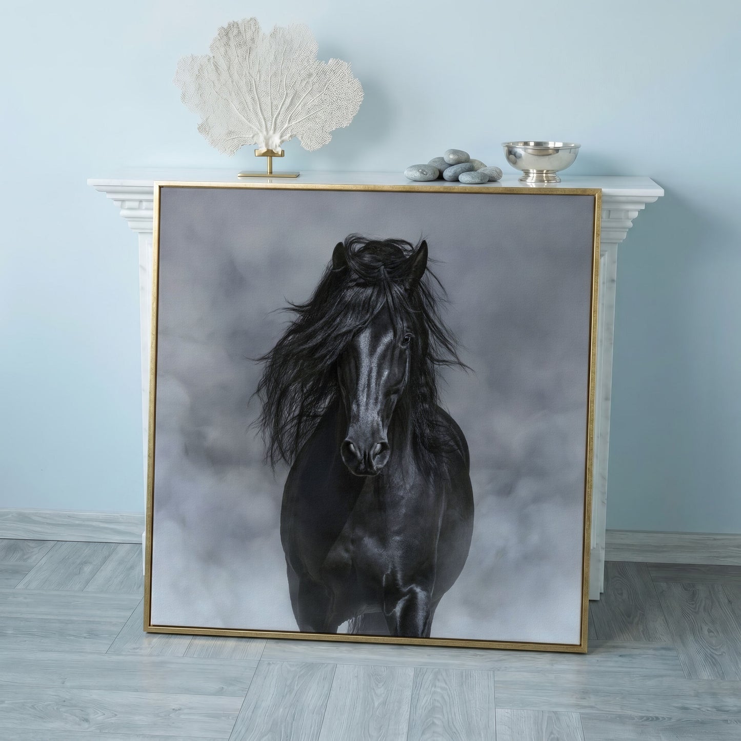 Noble Horse with Flowing Mane Canvas Print in rose gold floating frame