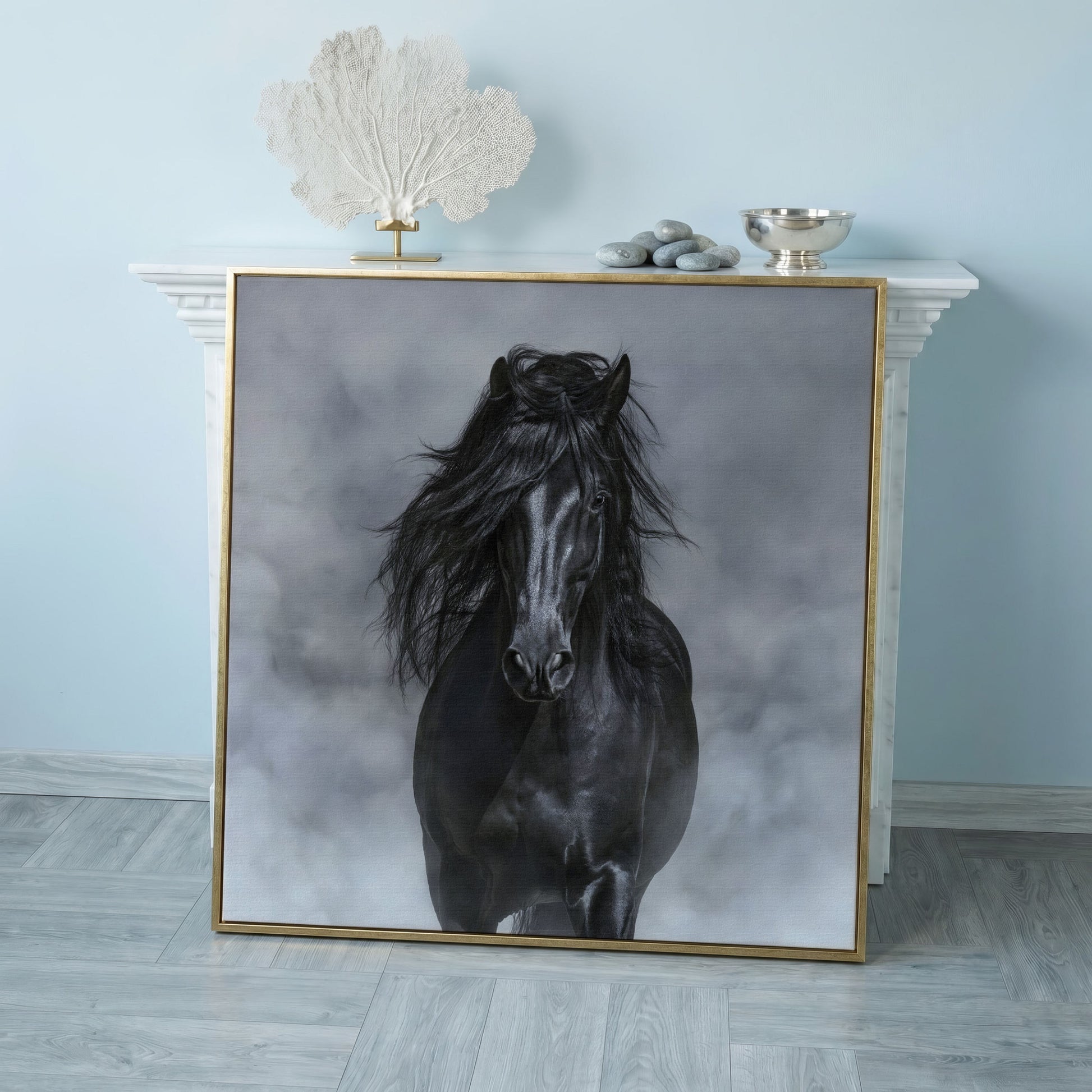 Noble Horse with Flowing Mane Canvas Print in rose gold floating frame