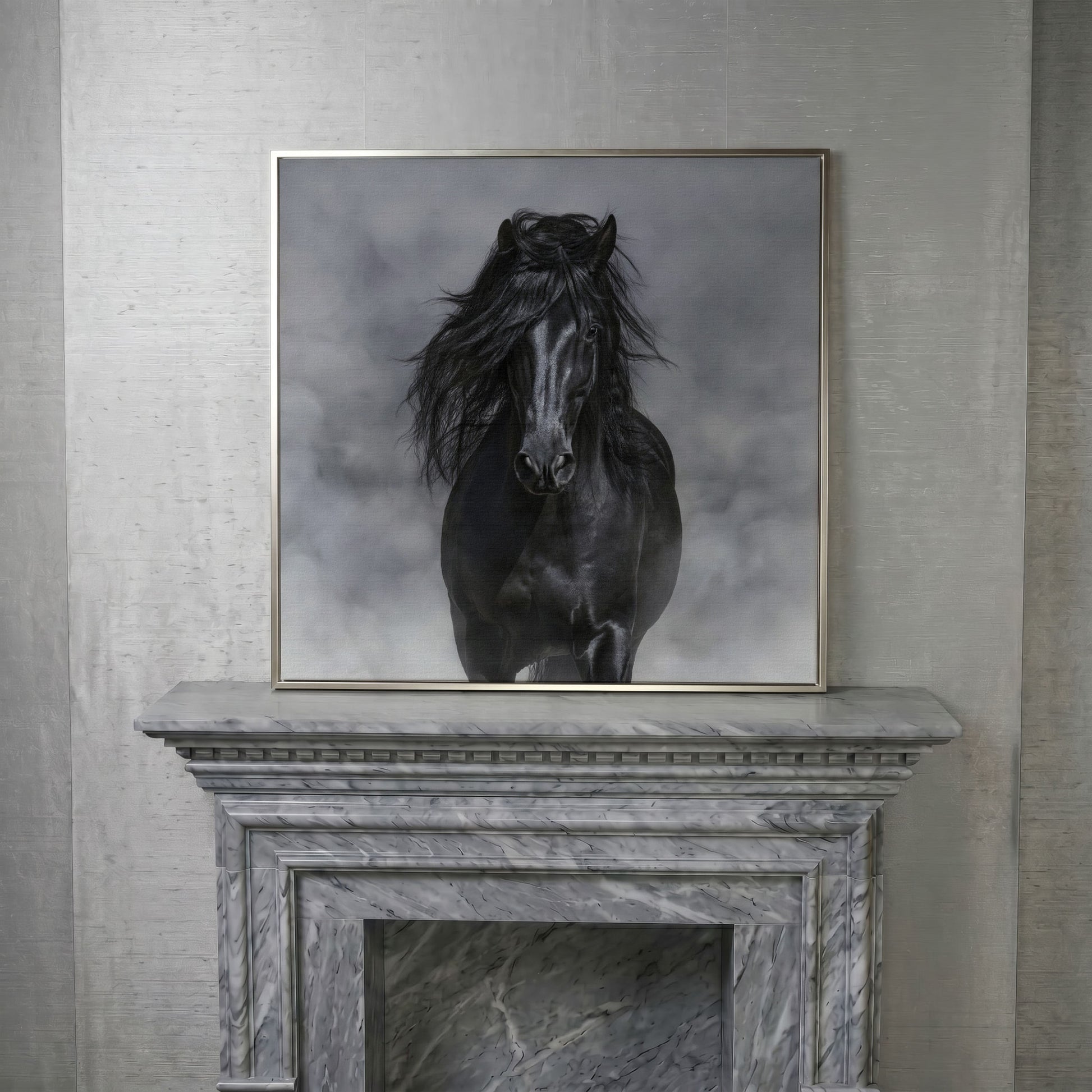 Noble Horse with Flowing Mane Canvas Print in silver floating frame