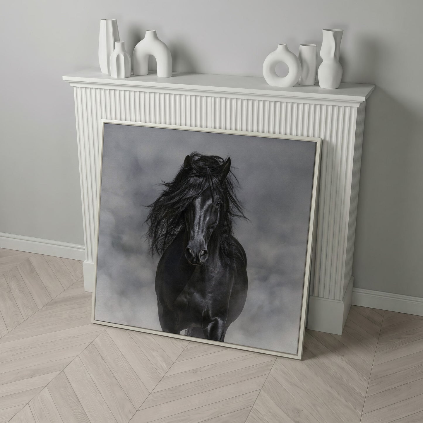 Noble Horse with Flowing Mane Canvas Print in white floating frame