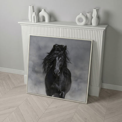 Noble Horse with Flowing Mane Canvas Print in white floating frame