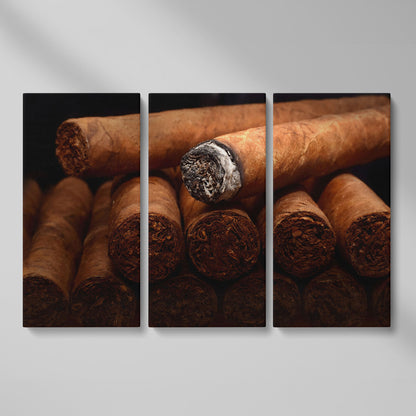 Close-Up Cigar Rolling Canvas Print as 3-panel split version