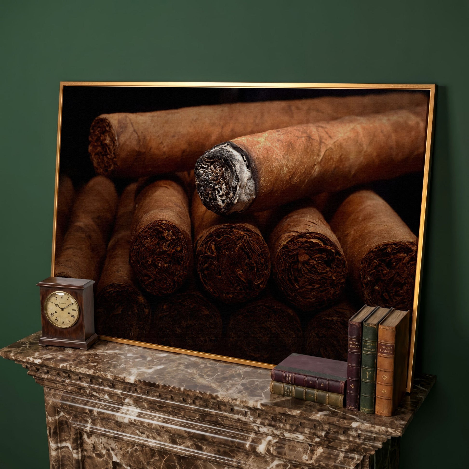 Close-Up Cigar Rolling Canvas Print in antique gold floating frame
