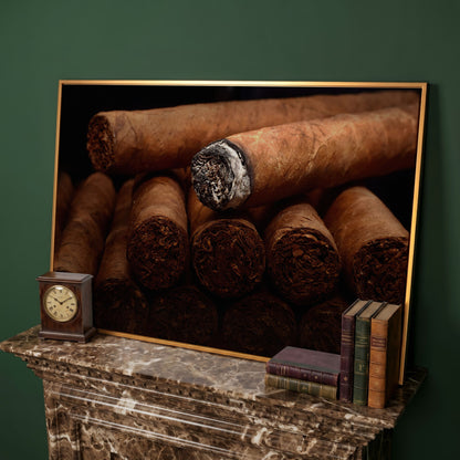 Close-Up Cigar Rolling Canvas Print in antique gold floating frame