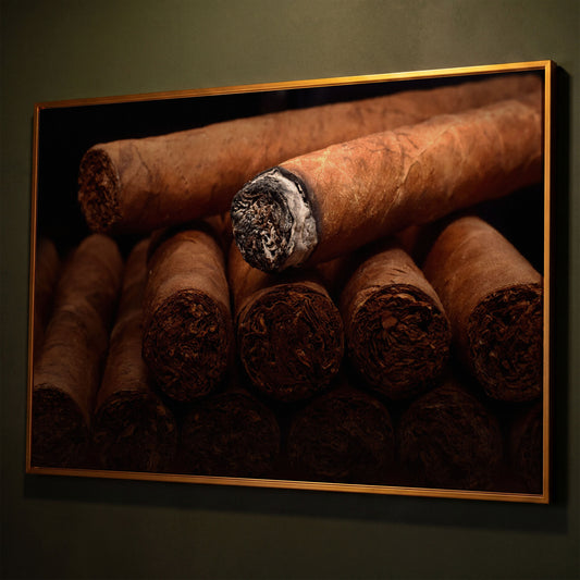 Close-Up Cigar Rolling Canvas Print shown in antique gold floating frame
