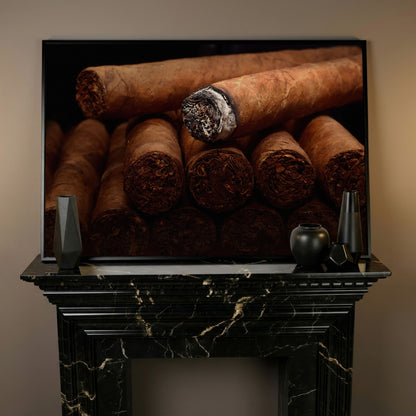 Close-Up Cigar Rolling Canvas Print in black floating frame