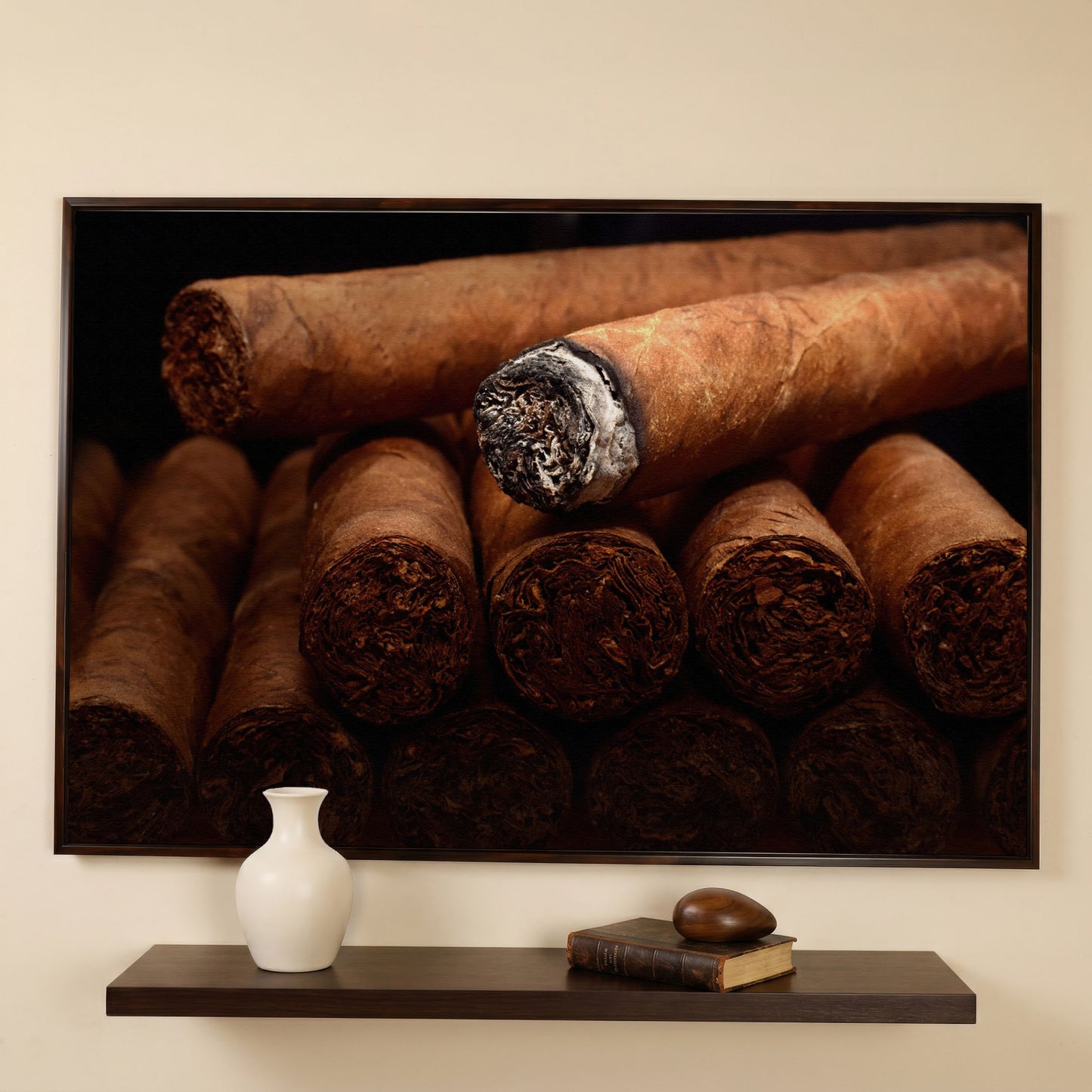 Close-Up Cigar Rolling Canvas Print in dark walnut floating frame