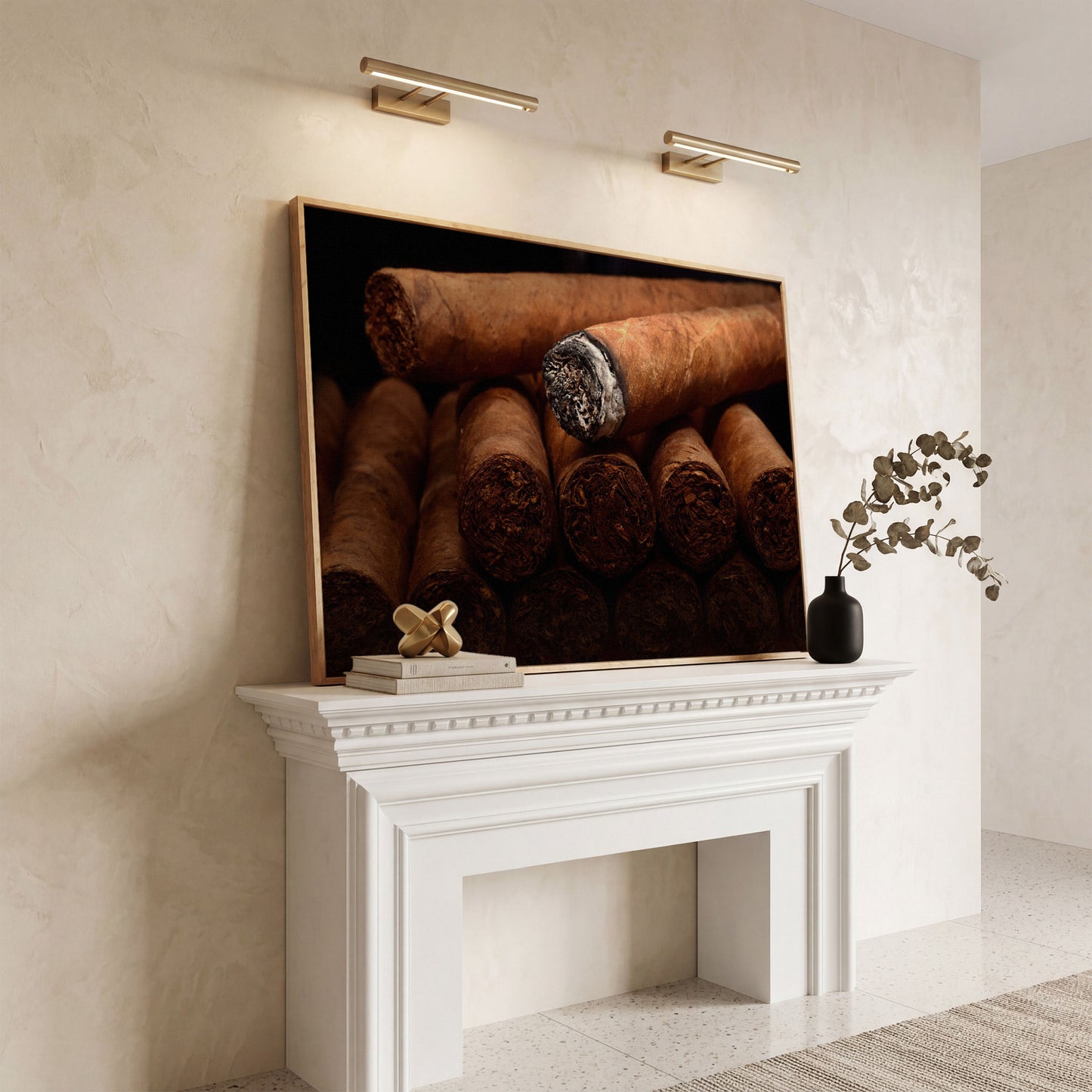 Close-Up Cigar Rolling Canvas Print in white oak floating frame