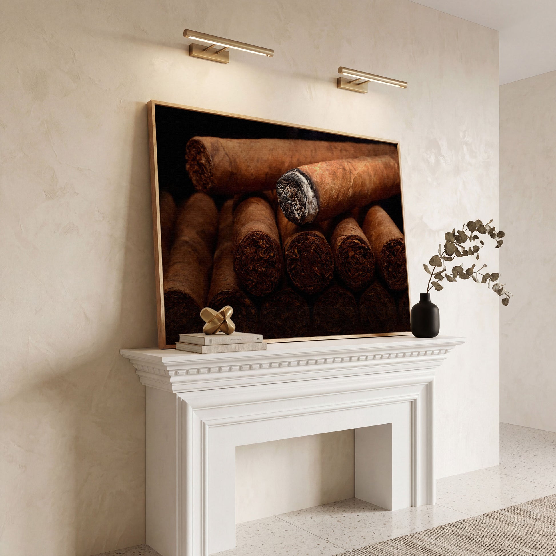 Close-Up Cigar Rolling Canvas Print in white oak floating frame