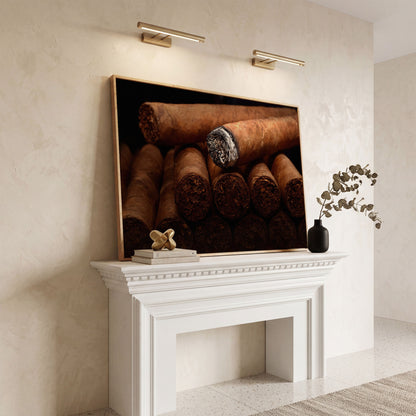 Close-Up Cigar Rolling Canvas Print in white oak floating frame