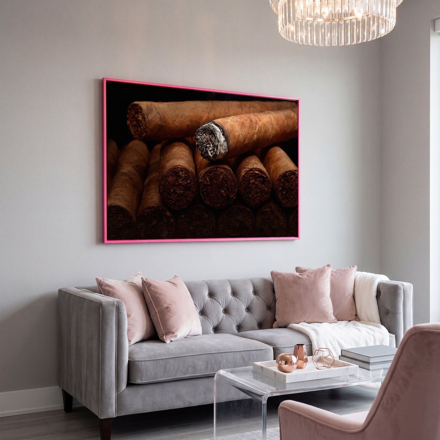 Close-Up Cigar Rolling Canvas Print in pink floating frame
