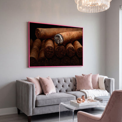 Close-Up Cigar Rolling Canvas Print in pink floating frame