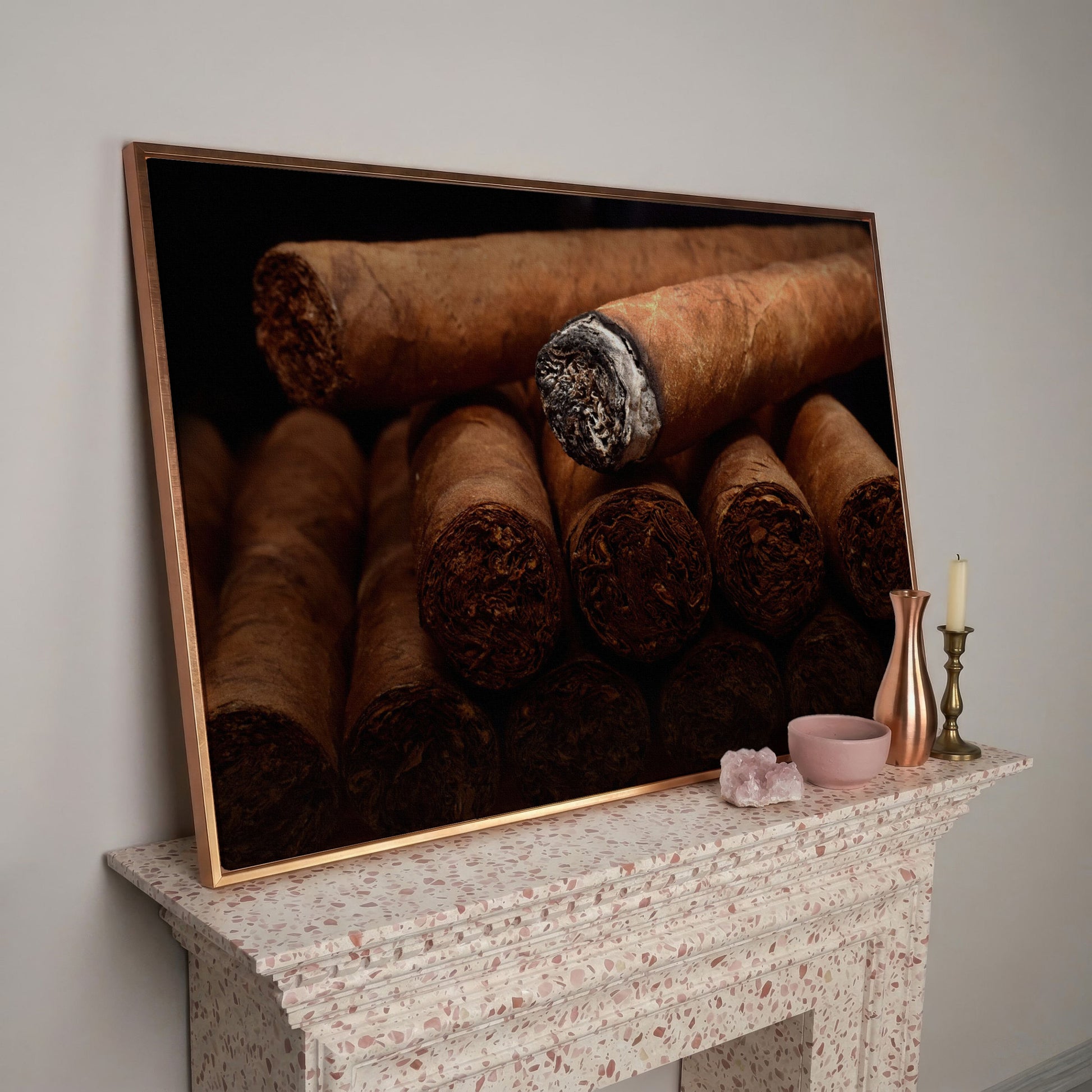 Close-Up Cigar Rolling Canvas Print in rose gold floating frame