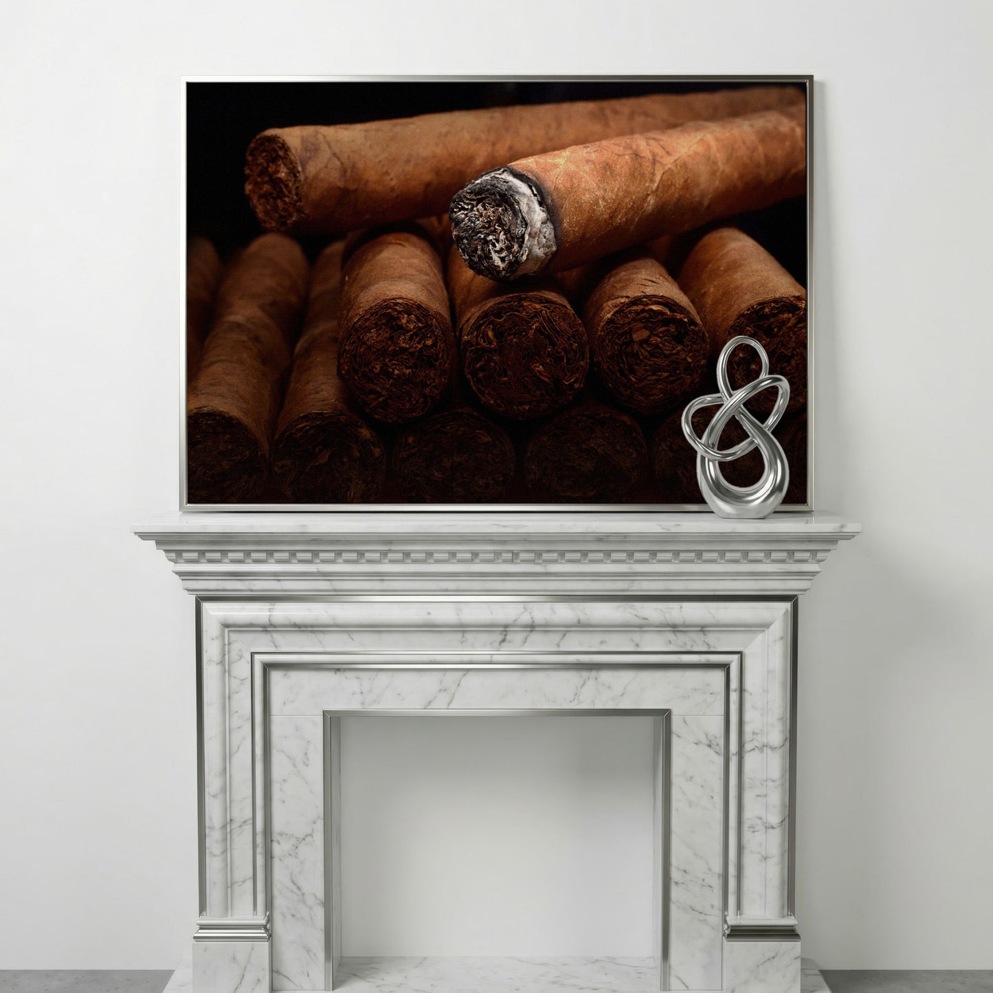 Close-Up Cigar Rolling Canvas Print in silver floating frame