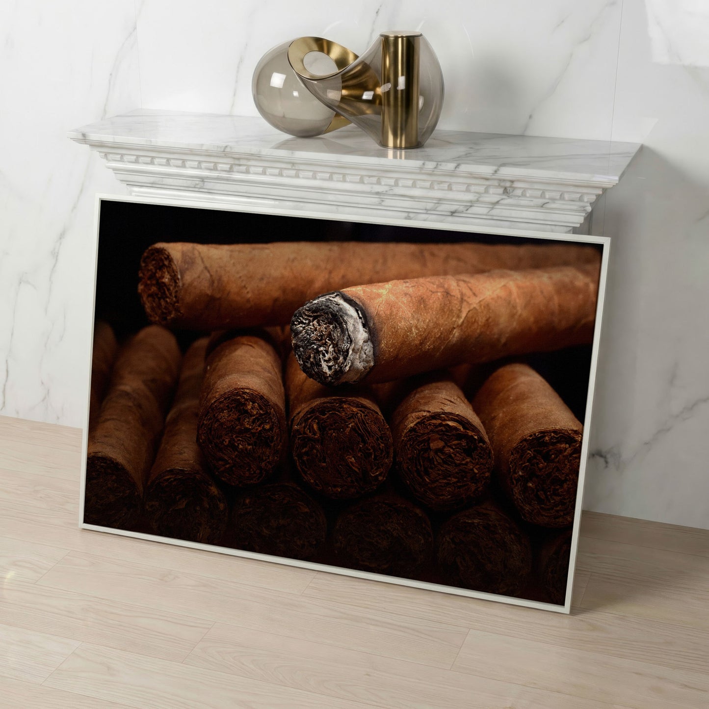 Close-Up Cigar Rolling Canvas Print in white floating frame