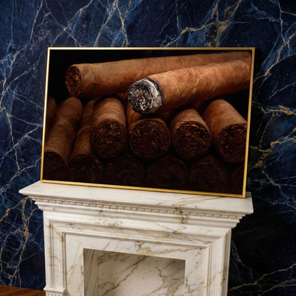 Close-Up Cigar Rolling Canvas Print in yellow gold floating frame
