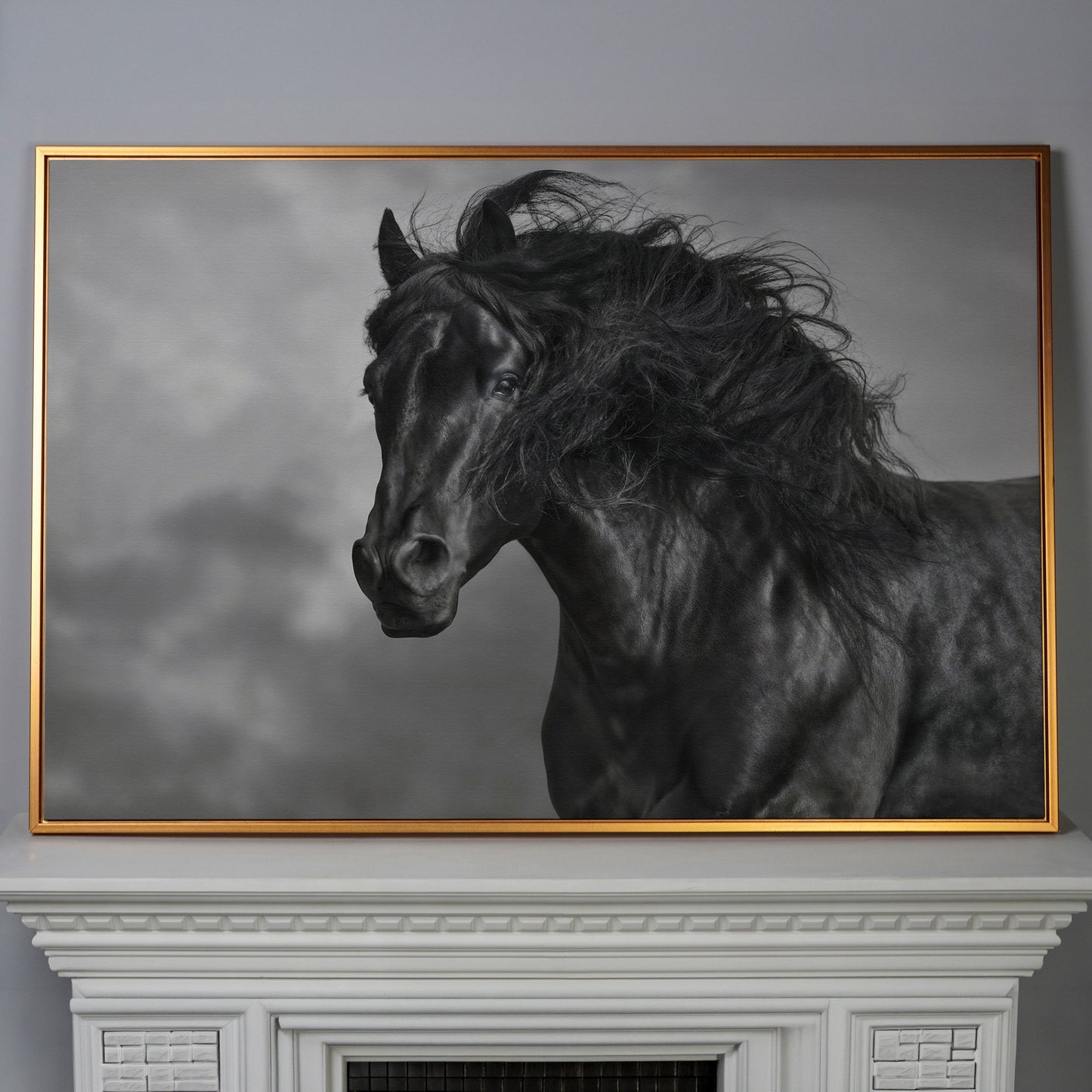 Wild Horse in Black and White Canvas Print in antique gold floating frame