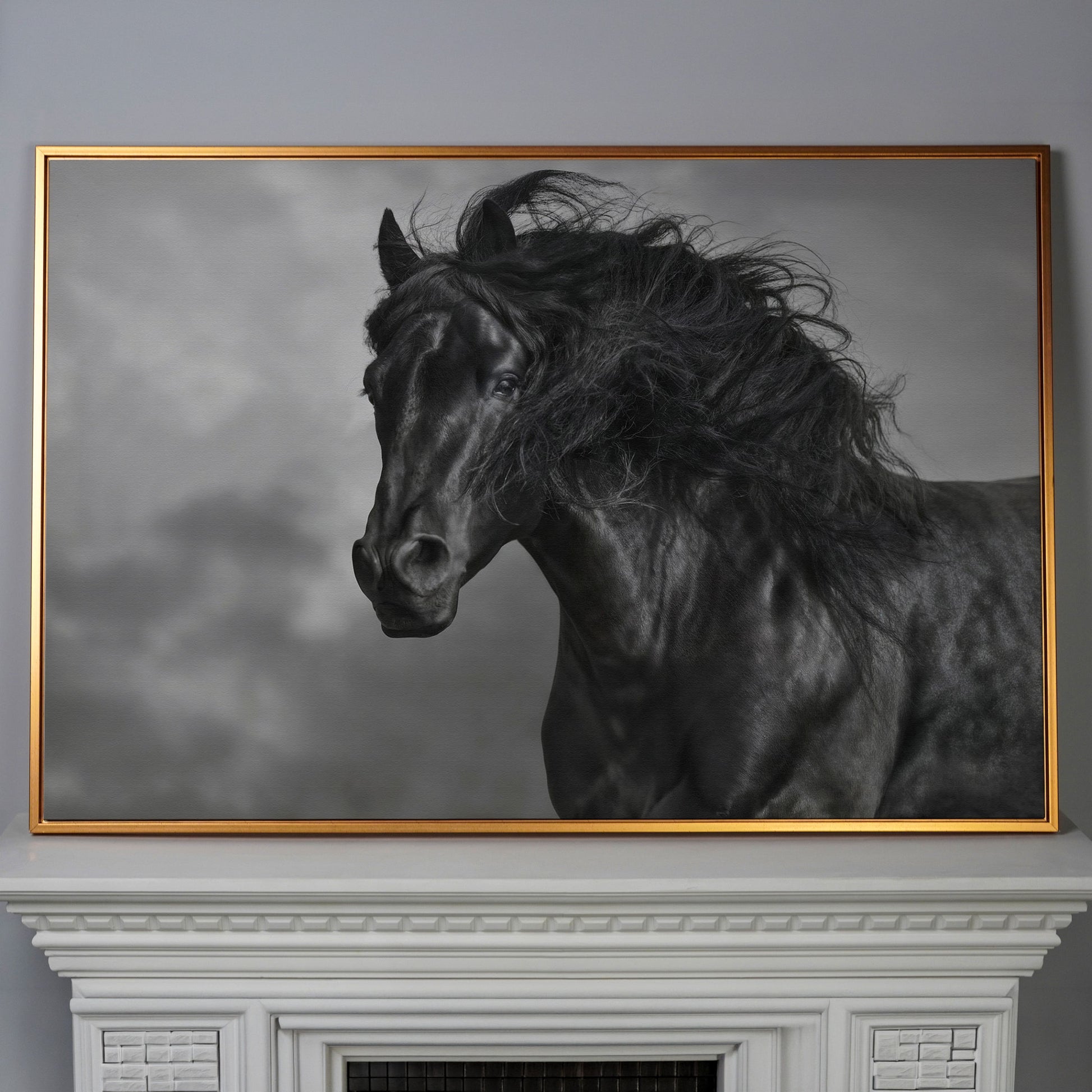 Wild Horse in Black and White Canvas Print in antique gold floating frame