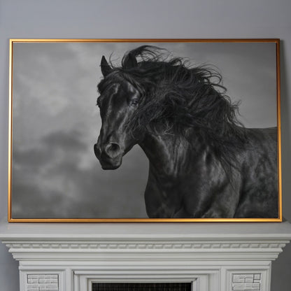 Wild Horse in Black and White Canvas Print in antique gold floating frame