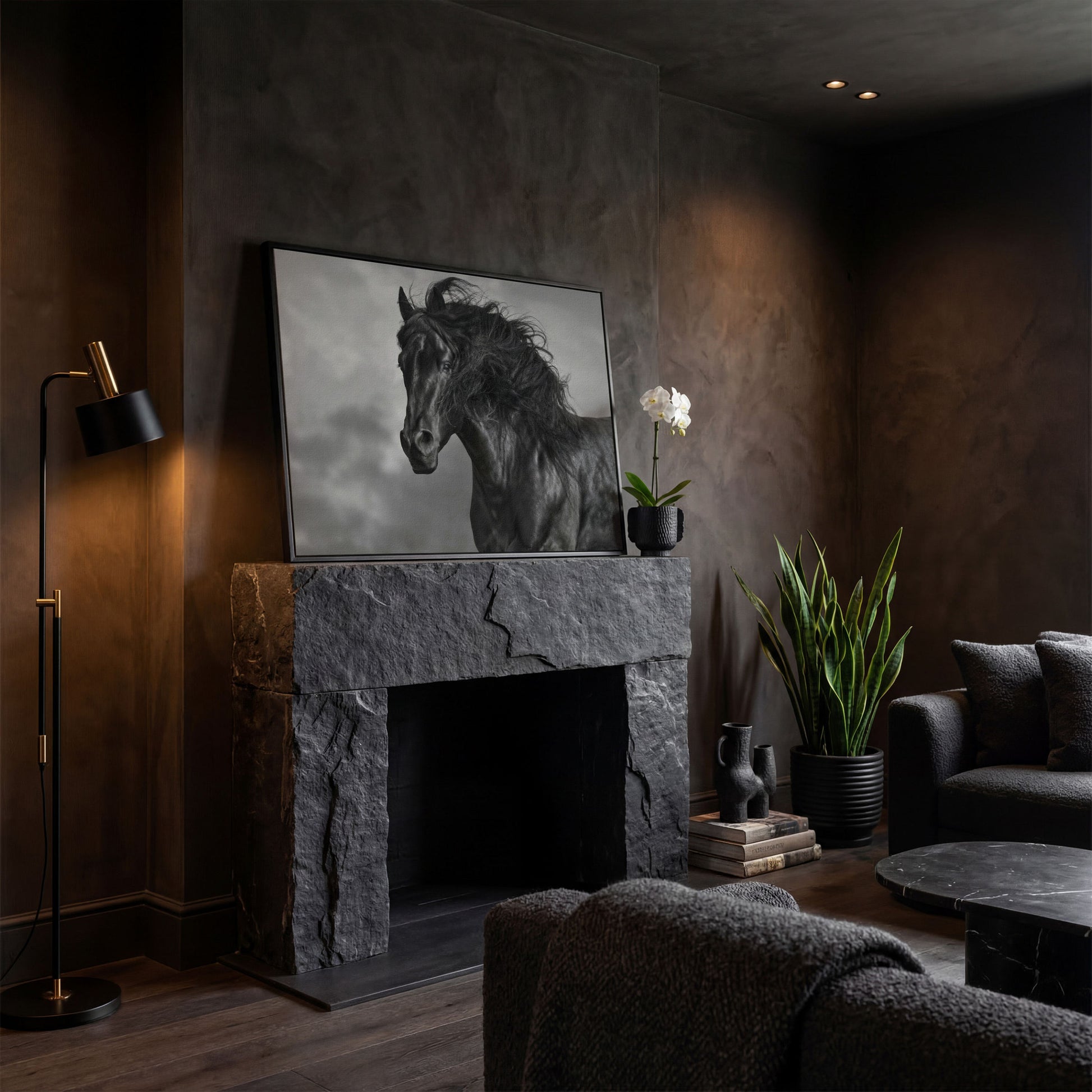 Wild Horse in Black and White Canvas Print in black floating frame