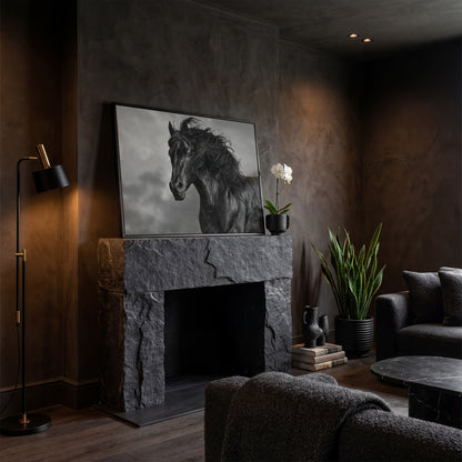 Wild Horse in Black and White Canvas Print in black floating frame