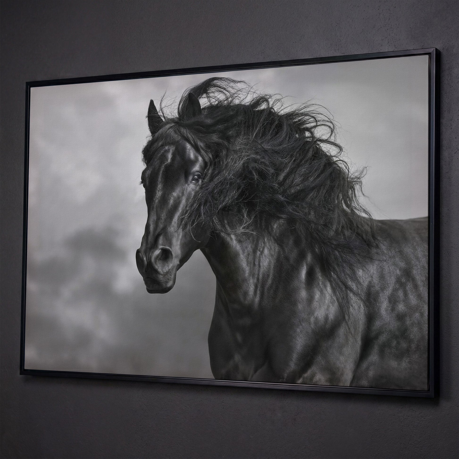 Wild Horse in Black and White Canvas Print shown in black floating frame