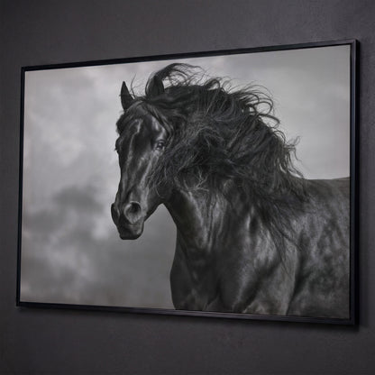 Wild Horse in Black and White Canvas Print shown in black floating frame