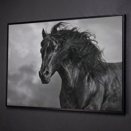 Wild Horse in Black and White Canvas Print shown in black floating frame