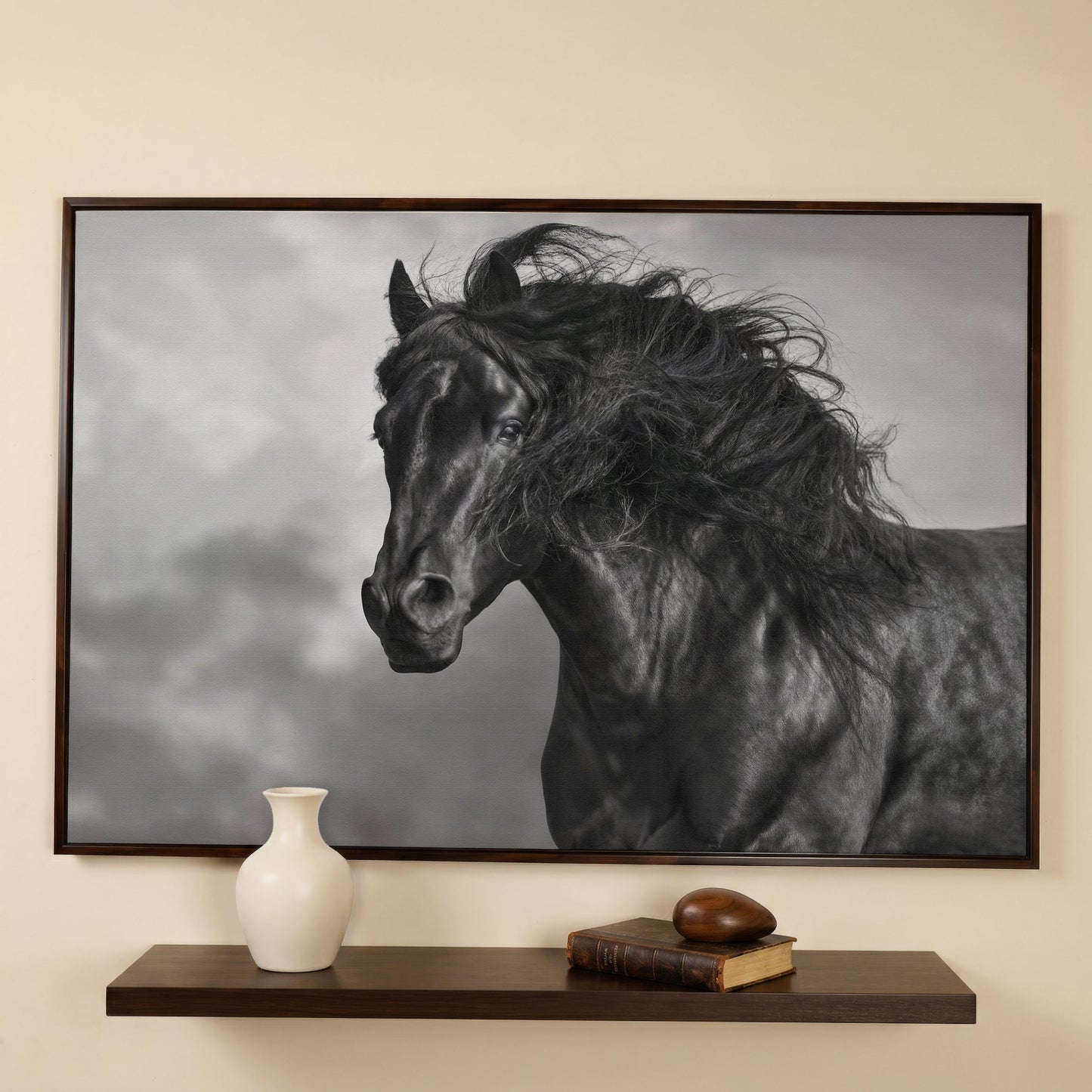 Wild Horse in Black and White Canvas Print in dark walnut floating frame