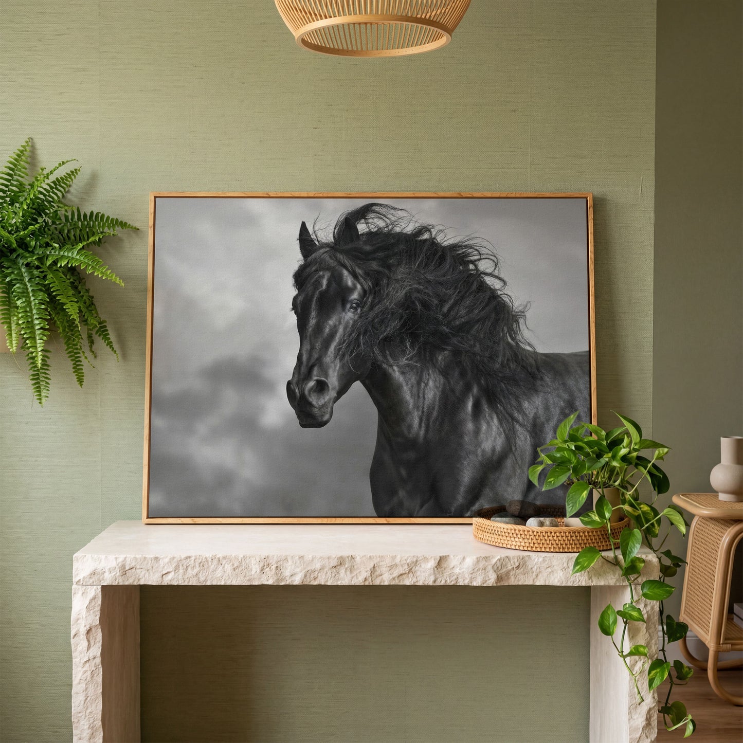 Wild Horse in Black and White Canvas Print in white oak floating frame