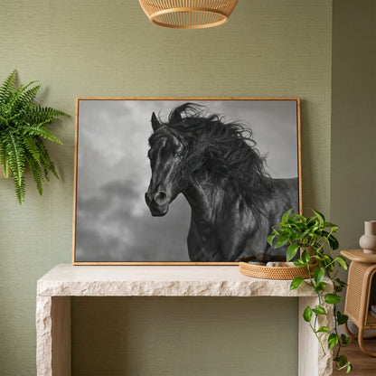 Wild Horse in Black and White Canvas Print in white oak floating frame