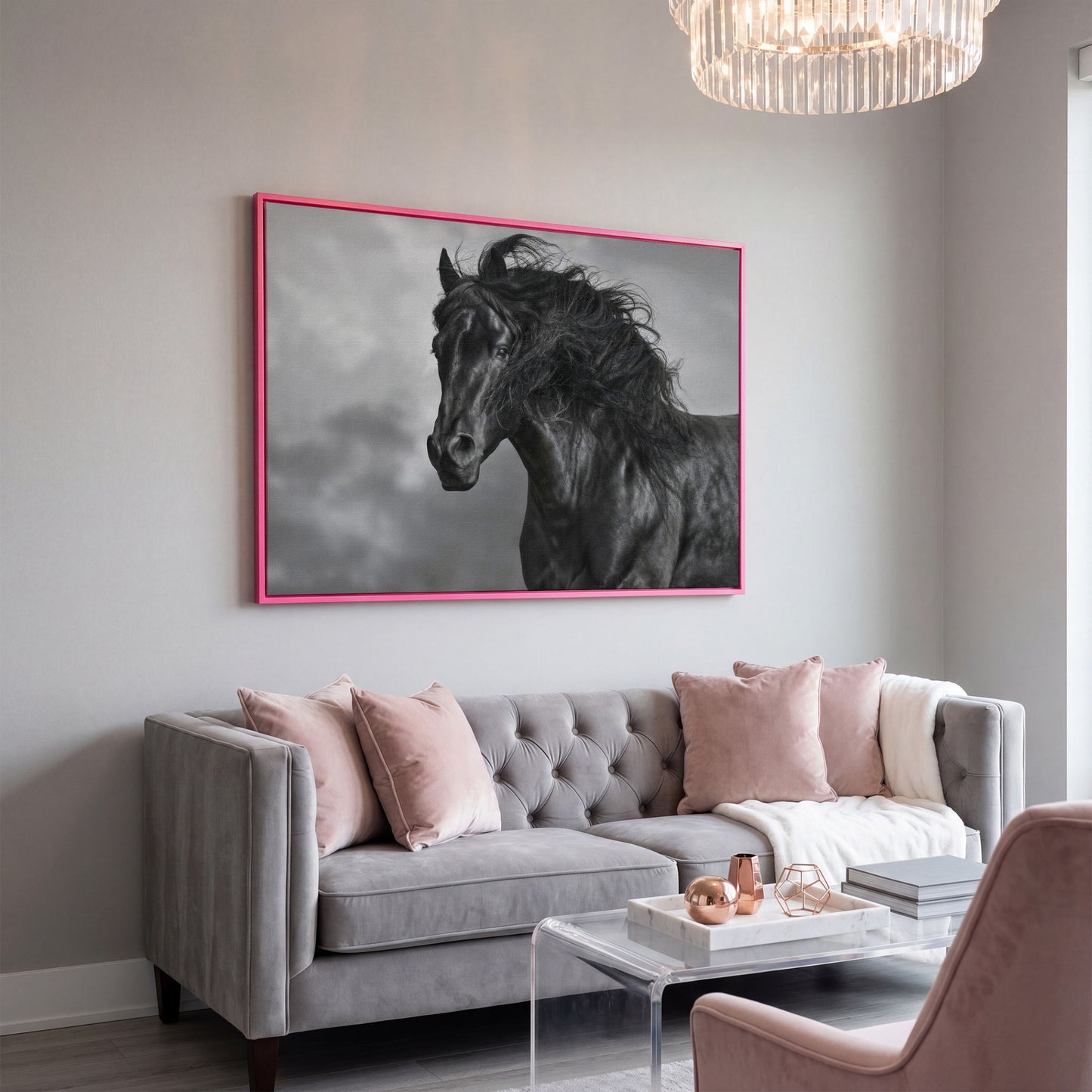 Wild Horse in Black and White Canvas Print in pink floating frame