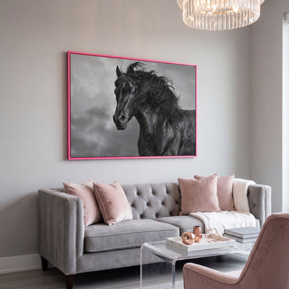 Wild Horse in Black and White Canvas Print in pink floating frame