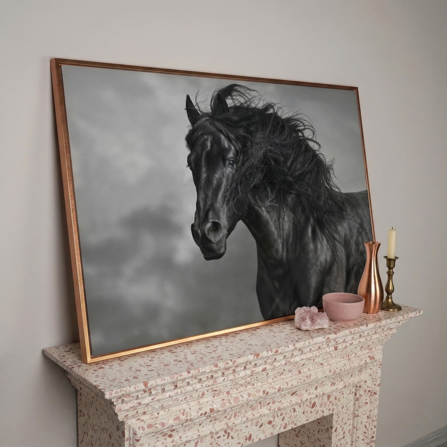 Wild Horse in Black and White Canvas Print in rose gold floating frame