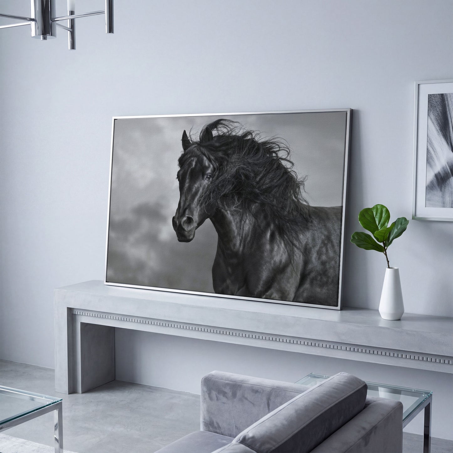 Wild Horse in Black and White Canvas Print in silver floating frame