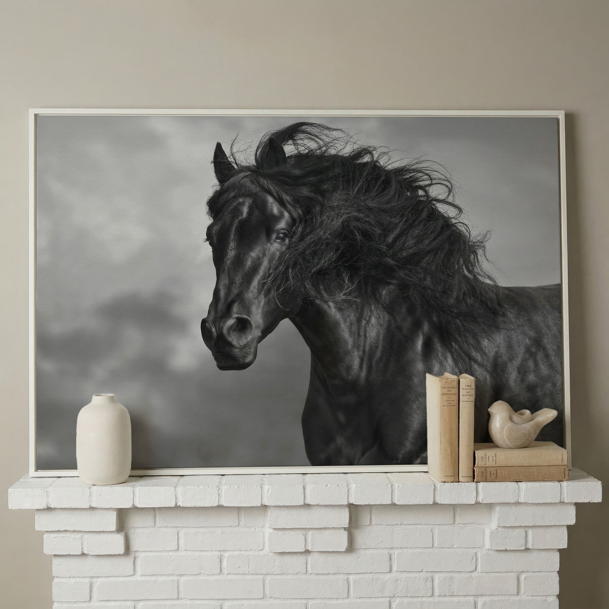 Wild Horse in Black and White Canvas Print in white floating frame