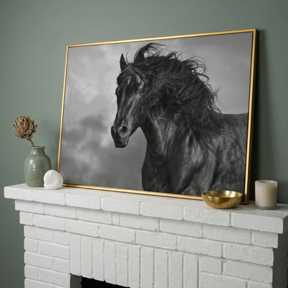 Wild Horse in Black and White Canvas Print in yellow gold floating frame
