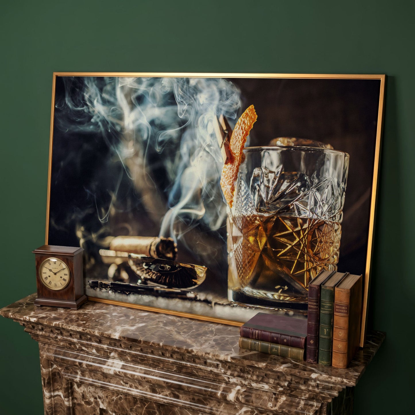 Whiskey and Cigar Canvas Print in antique gold floating frame